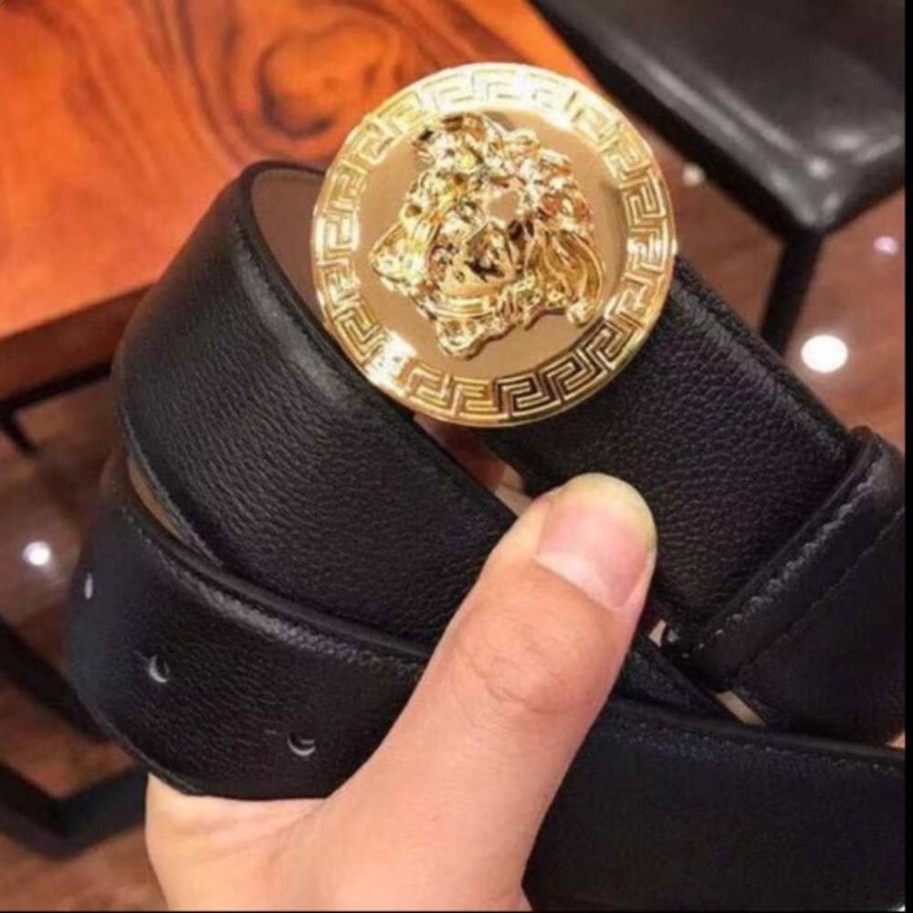 Versace Black Leather Gold Medallion Belt 100cm